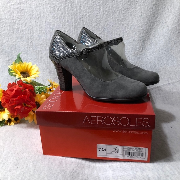 Gray Suede/Croc Heeled Mary Jane Pumps - Picture 2 of 16